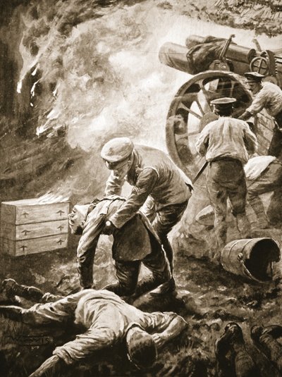 Sergeant T. Green Rescuing Three Severely Wounded Men from a Burning Gun-Hut by W. Avis